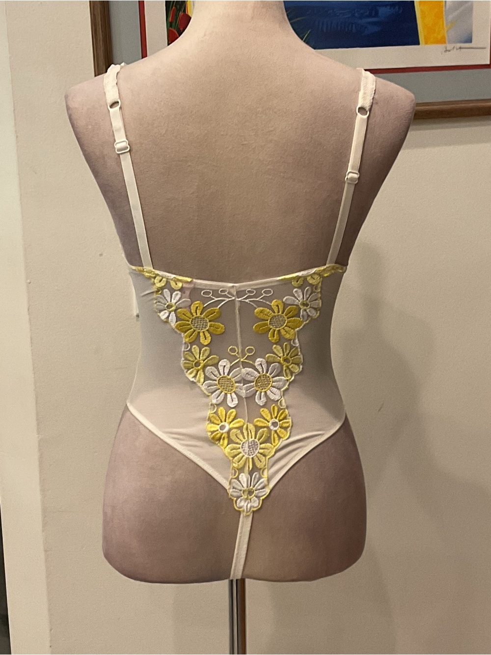 2001 Victoria's Secret White Sheer Bodysuit with Yellow Floral Embroidery - Picture 9 of 13
